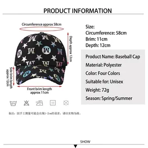 Size chart for colorful letter print baseball cap with polyester breathable material
