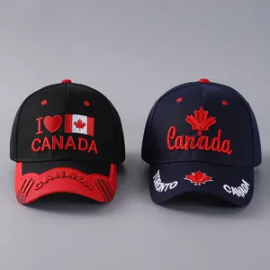 Embroidered Canada maple leaf baseball caps in black-red and navy blue cotton fabric