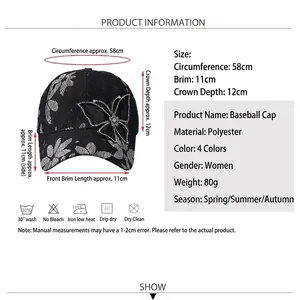 Size chart for lace baseball cap with butterfly rhinestones and mesh sun protection