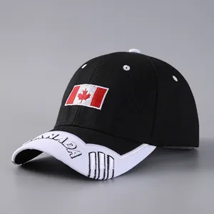 Detail of embroidered Canada flag and white 3D letter on black and white baseball cap