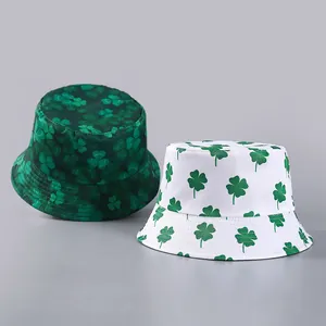 Detail view showing green clover patterns on both white and green reversible bucket hats