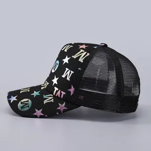 Detail of black trucker hat with colorful metallic stars and mesh back ventilation