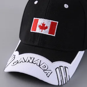 Detail of Canada flag embroidery and 3D lettering on black cotton baseball cap brim