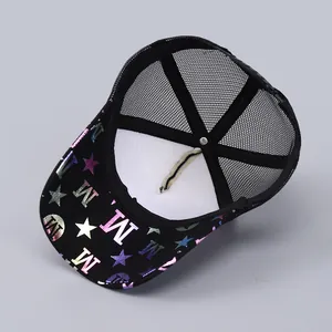 Detail view of the breathable mesh back and rainbow foil branding on black baseball cap