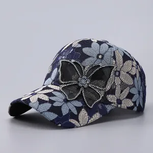 Women's Lace Butterfly Baseball Cap Rhinestone Floral Pattern Breathable Mesh Sun Hat Adjustable Elegant Fashion Outdoor Hat