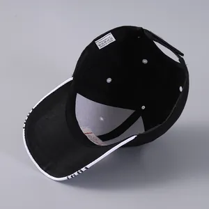 Inside view of black CANADA maple leaf baseball cap with white printed brim details
