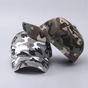 Detail view of jungle and urban camouflage baseball caps with curved brims and six panels