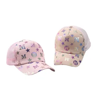 Mesh baseball caps in pink and beige with iridescent metallic letter and star patterns