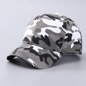 Close-up of a camouflage baseball cap featuring a black, white, and grey pattern and curved brim