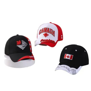 Three CANADA baseball caps with maple leaf embroidery and 3D lettering on white stands