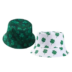 Green and white St. Patrick's Day bucket hats with clover prints for sun protection