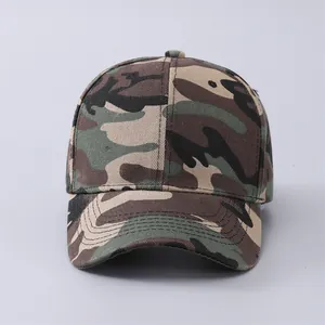 Detail of classic jungle camouflage baseball cap featuring durable cotton twill fabric