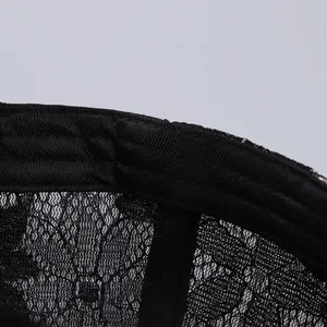 Close-up of black floral lace fabric with intricate mesh patterns and elastic ribbon detail