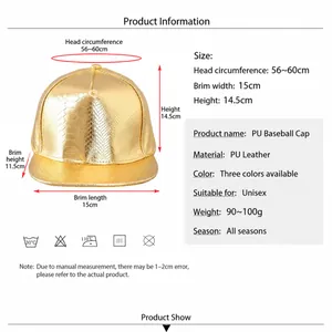 PU leather hip hop snapback cap with gold snakeskin texture and size chart guide