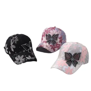 Breathable lace baseball caps with rhinestone butterfly and floral mesh embroidery