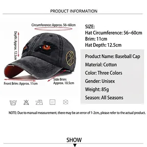 Distressed cotton baseball cap with eye embroidery and detailed size guide parameters