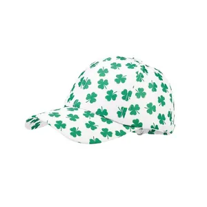 White baseball cap with green clover print for women, stylish St. Patrick's Day sun hat