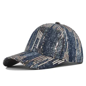 Fashion Sequin Denim Baseball Cap For Women Men Fringed Jean Hat Sparkly Sunshade Outdoor Adjustable Hip Hop Tassel Trucker Cap