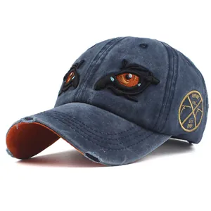 Distressed Washed Cotton Baseball Cap Personalized Eye Embroidery Curved Brim Sun Hat For Men Women Streetwear Daily Headwear