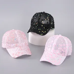 Detailed mesh baseball cap with 3D floral appliques and sequins in three pastel colors