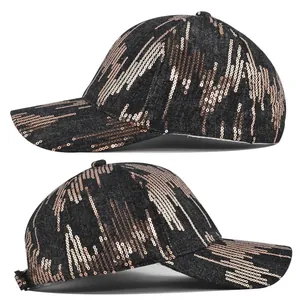 Fashionable denim baseball cap with rose gold sequins and tassel design for outdoor wear