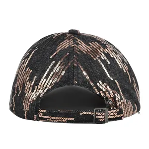 Rear view of grey denim baseball cap featuring rose gold sequins and adjustable metal buckle