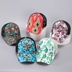Damen High Ponytail Criss Cross Trucker Hat Mesh Atmungsaktiv Baseballkappe Verstellbar Sonnenschutz Floral Western Print Sonnenhut