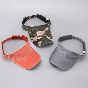 Detailed view of adjustable Velcro strap and material labels on sun visor hats
