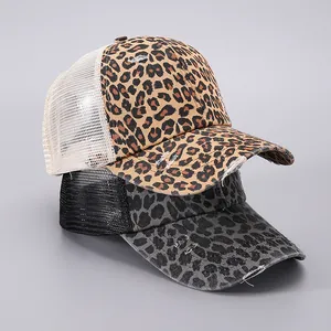 Women Distressed Leopard Print Baseball Cap Criss Cross Ponytail Trucker Hat Breathable Mesh Sun Hat For Summer Outdoor Travel