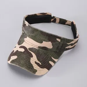 Detail of camouflage visor hat with adjustable velcro strap and cotton canvas fabric