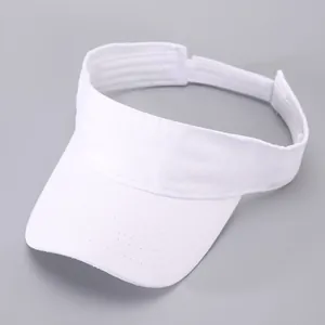 Detail of adjustable hook and loop strap on white cotton sun visor hat with wide brim
