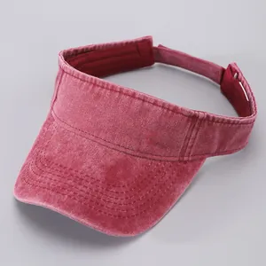 Detail view of cotton denim sun visor with adjustable strap and stitching details