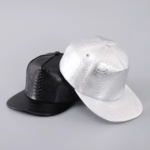 Metallic faux snakeskin snapback hip hop hats in shiny black and silver finish