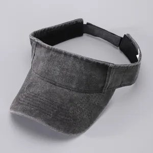 Detail of adjustable velcro strap and reinforced stitching on a grey denim visor hat