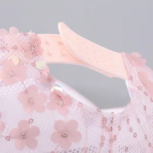 Pink lace mesh baseball cap with 3D flower embroidery and adjustable snapback closure