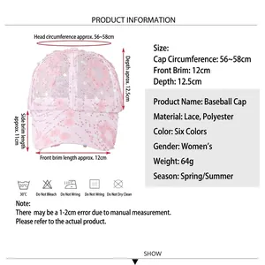 Pink floral lace baseball cap for women with breathable mesh and size chart dimensions