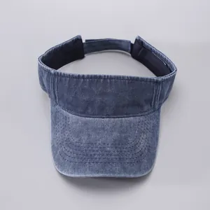 Macro detail of navy blue washed denim fabric and reinforced stitching on sun visor hat