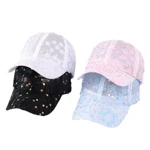 Mesh baseball caps with sparkly sequins and floral patterns in four vibrant colors