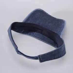 Detail of navy washed cotton visor hat with adjustable strap and stitched brim