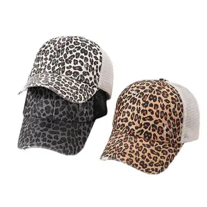 Distressed leopard print trucker hats with ponytail hole and breathable mesh back