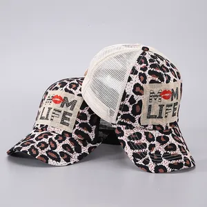 Dames Luipaardprint Trucker Pet MOM LIFE Patch Mesh Honkbalpet Ademend Paardenstaart Pet Mode Outdoor Verstelbare Hoed