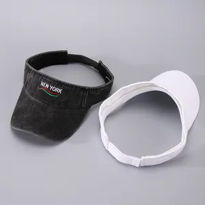 Detail of grey and white sun visors featuring New York embroidery and adjustable straps