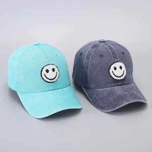 Washed Cotton Smiley Face Baseball Cap For Parent-Child Outdoor Sun Protection Adjustable Fashion Distressed Dad Hat