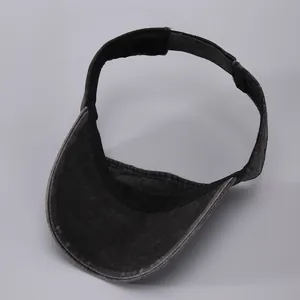 Detail view of washed denim sun visor hat with curved brim and vintage gray texture