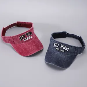 Detail of embroidered Key West logo on washed cotton sun visor with adjustable strap