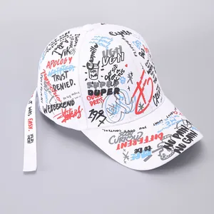 Street Graffiti Baseball Cap With Long Ribbon Strap Hip Hop Curved Brim Cotton Sun Hat For Men Women Unisex