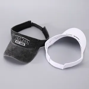 Close-up of sun visor hats featuring embroidered lettering and adjustable velcro strap