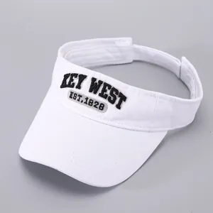 Detailed view of the Key West embroidery on the visor of a white sun hat for summer