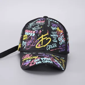 Detailed view of street graffiti baseball cap with colorful text like No Pain No Gain