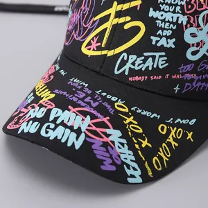 Detailed close-up of colorful graffiti text and embroidery on black baseball cap surface